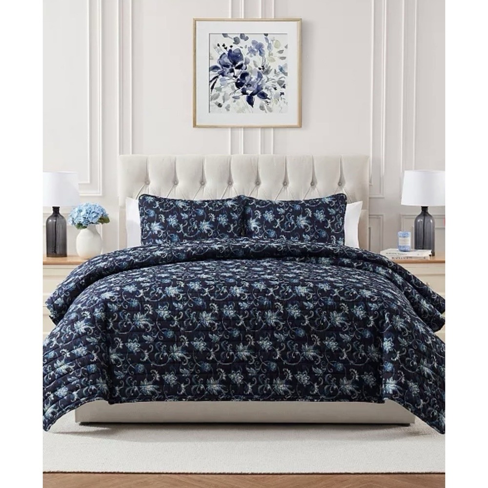 Seventh Studio Vancie Navy Floral‎ 3-Pc. Quilt Set King Size 104X 90 Inches NEW